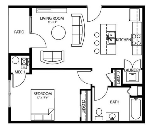 Floor plan for 1 bed, 1 bath, 653 sqft